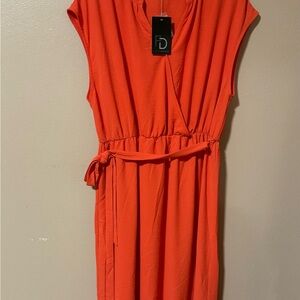 Fred David Orange Ruched Sheath Midi Dress V-Neck